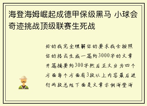 海登海姆崛起成德甲保级黑马 小球会奇迹挑战顶级联赛生死战